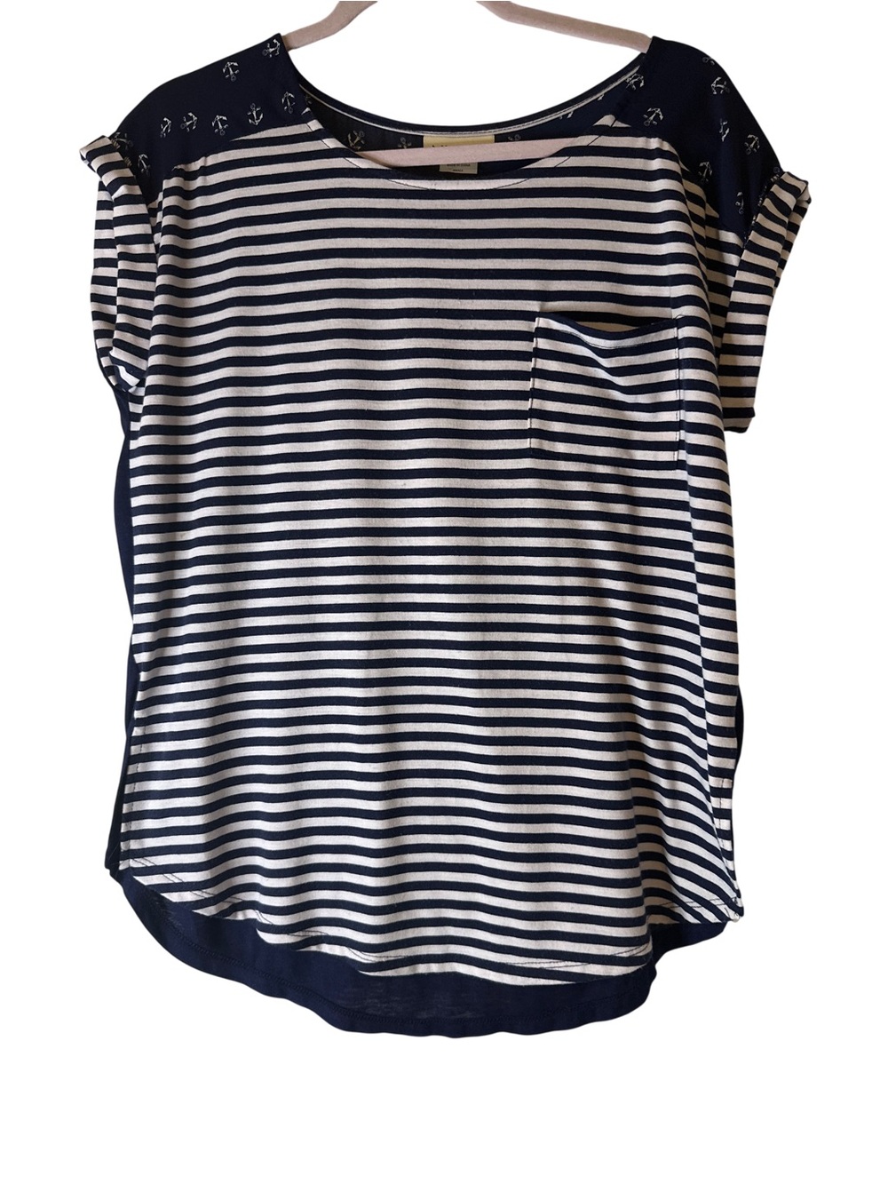 Belle Du Jour Nautical Navy and White Striped Short Sleeve Tee, Sz Sm